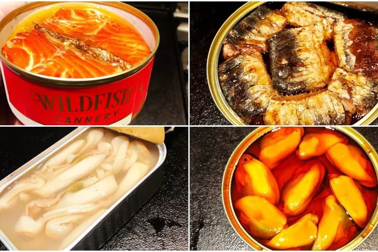 A selection of tinned seafood available in Philadelphia includes, clockwise from top left, smoked Alaskan king salmon from Wildfish Cannery, charcoal-grilled sardines from Conservas Braseadas Güeyu Mar in Spain, fried mussels in escabeche from Ramon Pena and Espinaler's trimmed Spanish razor clams.