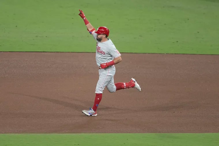 Philadelphia Phillies Kyle Schwarber runs the bases after a solo home run in the 6th inning of Game 1 of the NLCS.