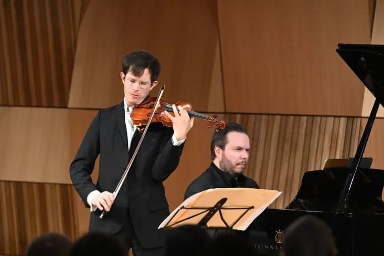 Violinist Korbinian Altenberger and pianist Ignat Solzhenitsyn performing in the new recital hall at the Pennsylvania Academy of the Fine Arts, April 7, 2019.