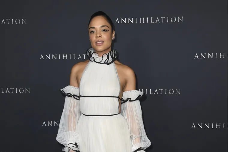 Tessa Thompson arrives at the Los Angeles premiere of &quot;Annihilation&quot; at the Regency Village Theatre.
