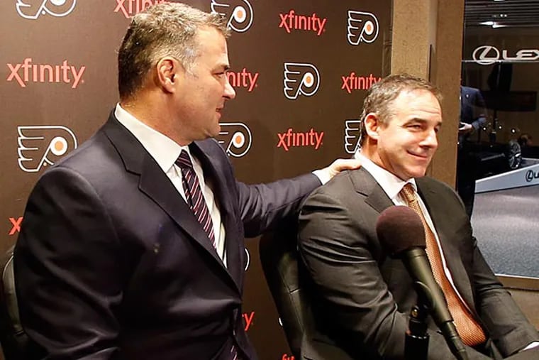 Former Flyers Eric Lindros and John LeClair meet with the media before getting inducted in the Flyers Hall of Fame. (Yong Kim/Staff Photographer)