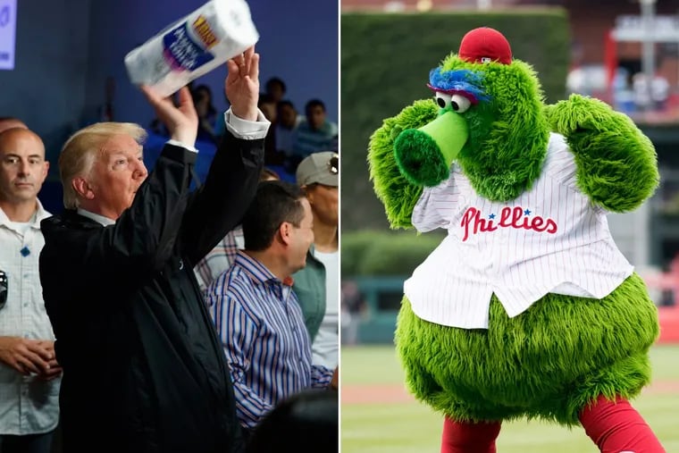 President Donald Trump, left, tosses paper towels to a group of needy hurricane victims in Puerto Rico. “Saturday Night Live” thinks he would make a great mascot, on par even with the Phillie Phanatic, right.