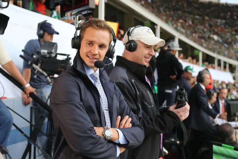 Stuart Holden (foreground) at work with his Fox Sports soccer broadcasting colleague John Strong.