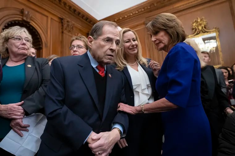 FILE - In this Jan. 4, 2019, Speaker of the House Nancy Pelosi, D-Calif., right, htalks with Rep. Jerrold Nadler, D-N.Y., center, chairman of the House Judiciary Committee, at the Capitol in Washington. Special counsel Robert Mueller said May 29, 2019, he believed he was constitutionally barred from charging President Donald Trump with a crime but pointedly emphasized that his Russia report did not exonerate the president. Nadler, in a statement, said it falls to Congress to respond to the "crimes, lies and other wrongdoing of President Trump – and we will do so."