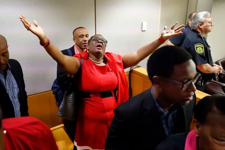 Botham Jean’s mother, Allison Jean, rejoices in the courtroom after fired Dallas police Officer Amber Guyger was found guilty of murder by a 12-person jury in the 204th District Court at the Frank Crowley Courts Building in Dallas, Tuesday, October 1, 2019. Guyger shot and killed Botham Jean, an unarmed 26-year-old neighbor in his own apartment last year. She told police she thought his apartment was her own and that he was an intruder.