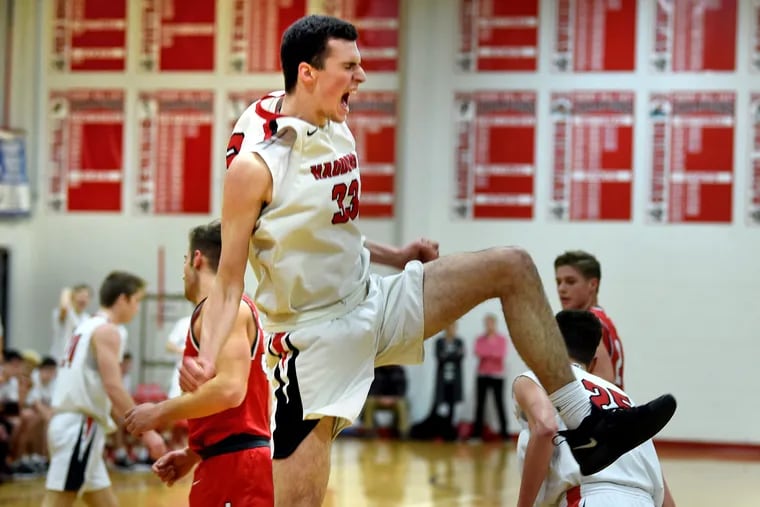 Haddonfield's Dan Fleming reacts after a slam dunk against Lenape during game at at Cherry Hill East February 19, 2019.