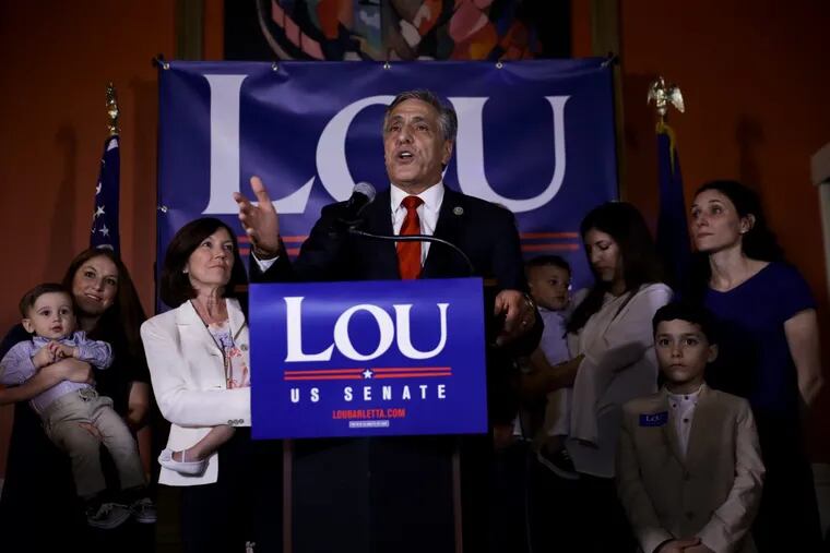 U.S. Rep. Lou Barletta, the Republican nominee in Pennsylvania’s U.S. Senate race, talks to supporters during an election night results party on May 15 in Hazleton, Pa.