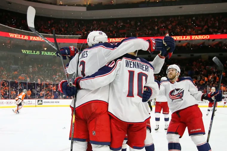 Columbus Blue Jackets defenseman Seth Jones celebrates after scoring the game-winning goal against the Flyers in overtime.