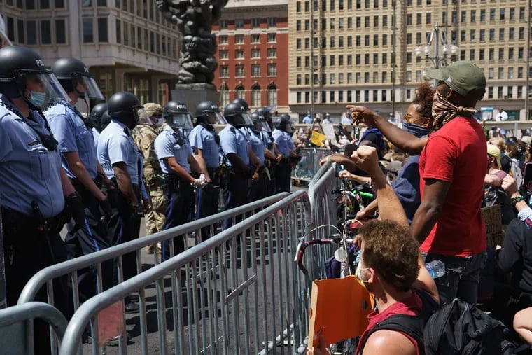Protestors and police at City Hall, in Philadelphia, June 01, 2020. Monday is the third day of protests about the police involved death of George Floyd in Minneapolis.