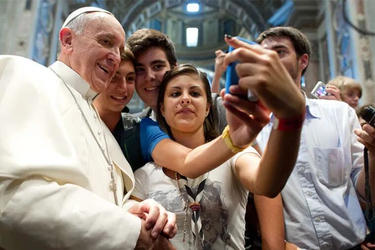 Pope Francis in St. Peter's with Italian youths who came to Rome for a pilgrimage in August. &quot;Attention is power,&quot; the actor James Franco wrote of his devotion to selfies.