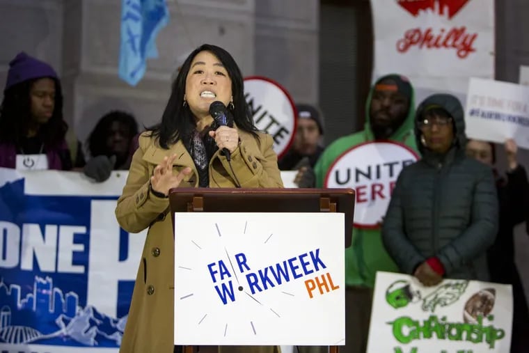 City council member Helen Gym speaking in support of &quot;Fair Workweek&quot; legislation at City hall, Philadelphia on February 13th, 2018. Gym is considering legislation to require more employers to set regular schedules for workers, a move bound to upset some business leaders.