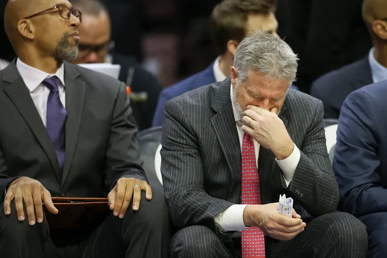 Brett Brown shakes his head during the Sixers' loss to the Trail Blazers last month. Could his future with the team be in jeopardy?