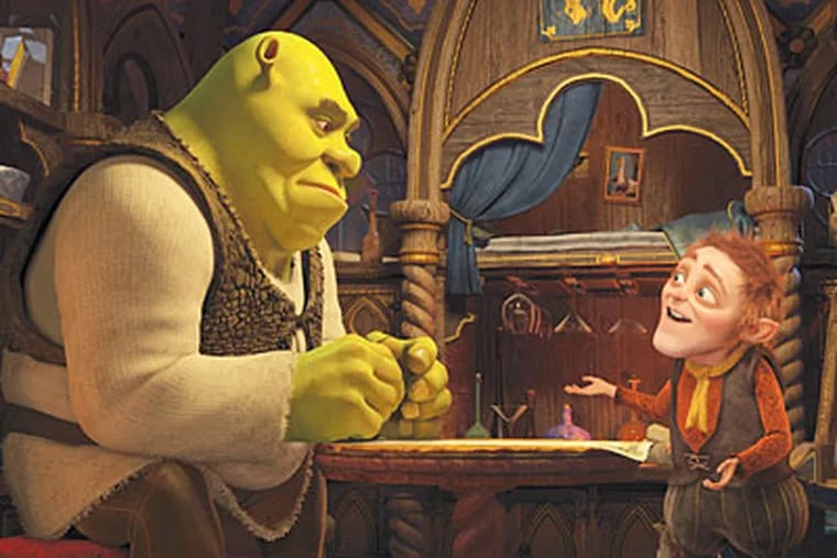 The big green ogre in a scene from "Shrek Forever After." The fourth movie in the series, it is available in both 2-D and 3-D formats.