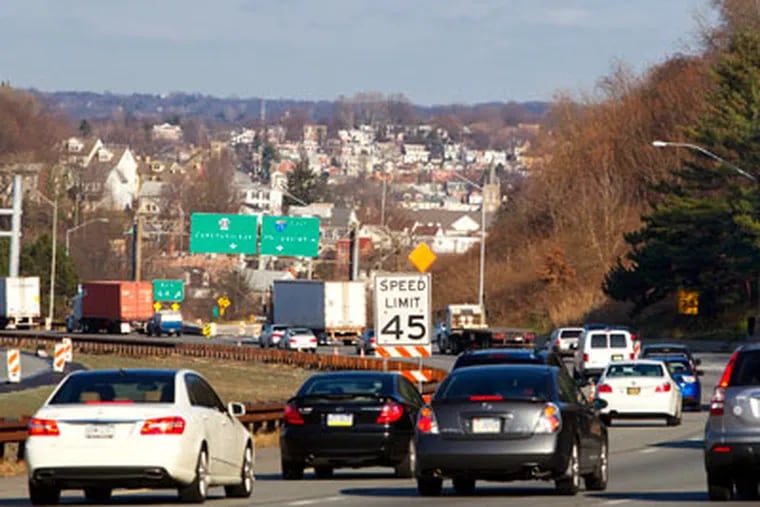 Dec. 19 marks the 21st anniversary of the Blue Route. Here, northbound traffic on the Blue Route at the Conshohocken curve and interchange with I 76. Conshohocken is in the background. (Ed Hille / Staff Photographer)