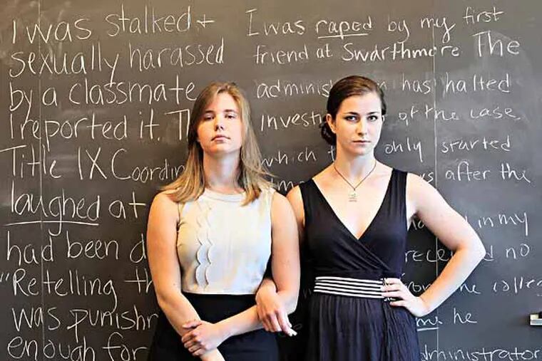 Hope Brinn and Mia Ferguson stand in front of the blackboard where they have written their stories about sexual assault at Swarthmore.  talk about their complaints against the college.  A dozen Swarthmore College students have filed a federal complaint against the school, critical of its handling of sexual assault cases. The Swarthmore case is one of a growing number at U.S. universities as students begin to stand up against sexual assault and the way the cases are handled. Occidental, the University of North Carolina at Chapel Hill and Amherst have all seen the public airing of complaints over the last year or so. Will talk to two female students leading the effort at Swarthmore, national experts and Swarthmore administrators.
Hope Brinn and Mia Ferguson talk about their complaints against the college.  05/29/2013  ( MICHAEL BRYANT / Staff Photographer )