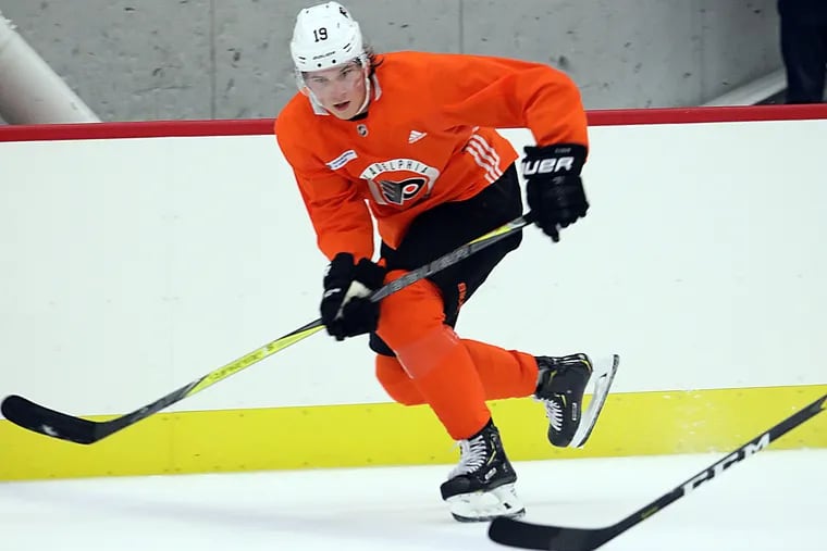 Nolan Patrick skates at Flyers practice Friday.