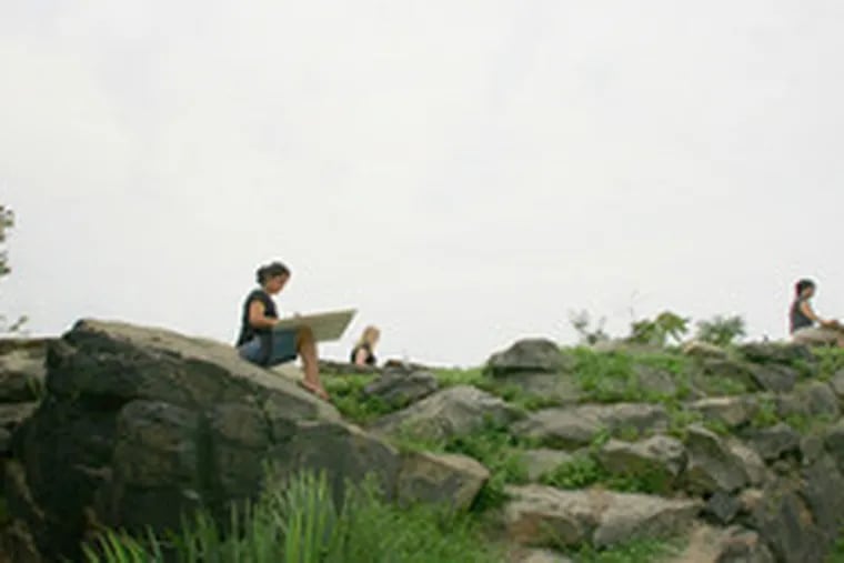 Radhika Mohan and students in her landscape-architecture class draw the rocky outcroppings behind the Philadelphia Museum of Art. Mohan is a graduate student at the University of Pennsylvania.