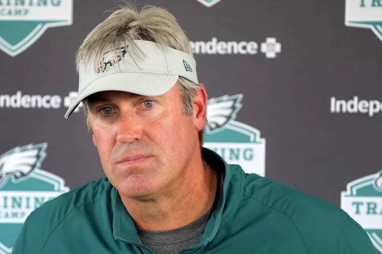 Eagles' head coach Doug Pederson talks with reporters after the first session of Philadelphia Eagles training camp at the Novacare Complex on July 26, 2018 in Philadelphia, PA. DAVID MAIALETTI / Staff Photographer