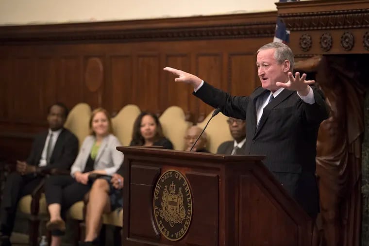 Philadelphia Mayor Jim Kenney speaks at the podium after introducing Philadelphia's new school board in November 2018. The mayor has until Dec. 26, 2020, to review applicants for the school board's three vacant spots.