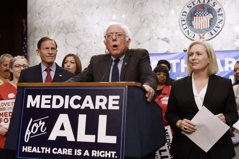 Sen. Bernie Sanders holding a news conference last week to discuss his “Medicare for All” health-care bill.