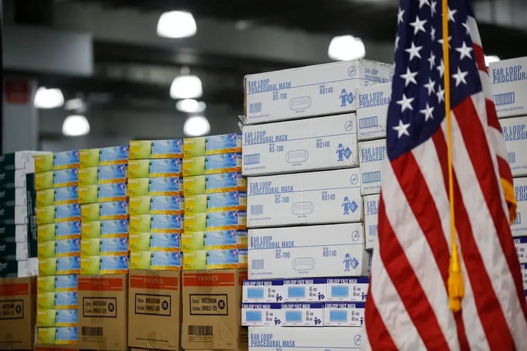Stacks of medical supplies that were housed at the Jacob Javits Center in New York in late March.