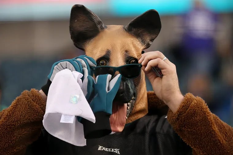 An Eagles fan puts on sunglasses over an underdog mask before the NFC Championship game at Lincoln Financial Field on Sunday, Jan. 21, 2017.