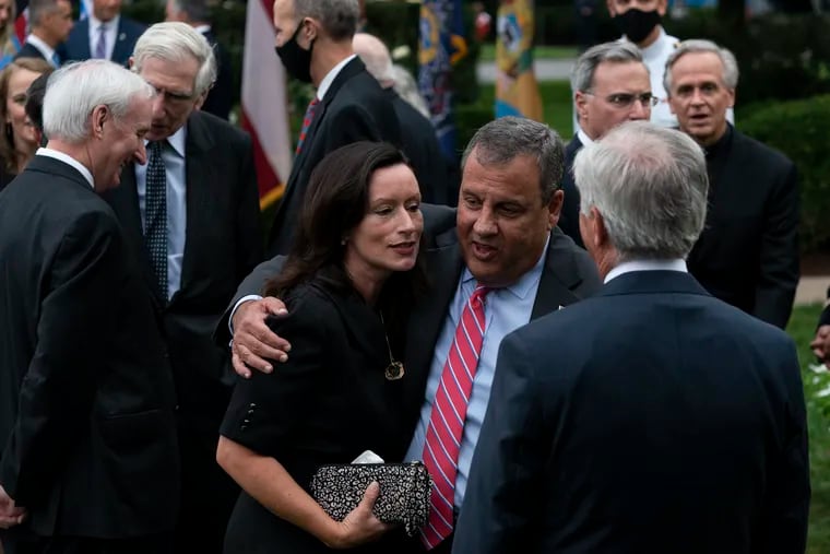 Former New Jersey Gov. Chris Christie mingling with the crowd at Donald Trump's announcement of Judge Amy Coney Barrett as his nominee to the Supreme Court on Sept. 26.