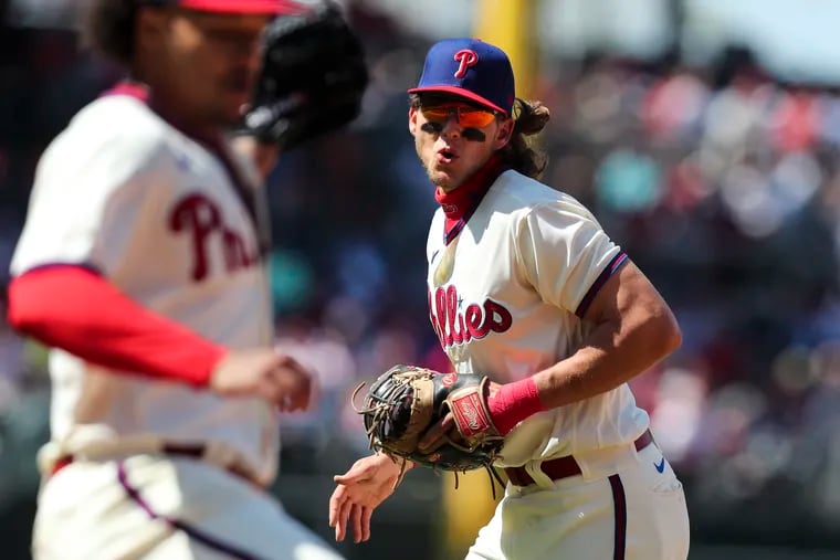 Alec Bohm played first base for the Phillies again Sunday, this time against a right-handed pitcher.