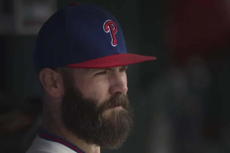 Philadelphia Phillies starting pitcher, Jake Arrieta, (49), looks on minutes before facing the ST. Louis Cardinals at Citizens Bank Park, Philadelphia. Wednesday, June 20, 2018.