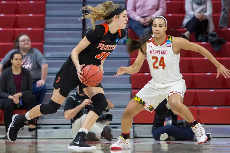 Princeton's Bella Alarie (31) dribbles the ball as Maryland's Stephanie Jones (24) defends during the first half of a first-round game in the NCAA women's college basketball tournament in Raleigh, N.C., Friday, March 16, 2018. (AP Photo/Ben McKeown)