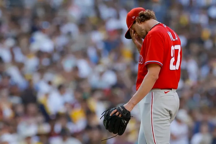 Aaron Nola gave up six earned runs in 4 2/3 innings against the Padres in Game 2 of the NLCS.