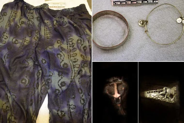 The pants and jewelry belonging to a woman whose body was found dumped in an East Coventry Township pond over Memorial Day weekend.