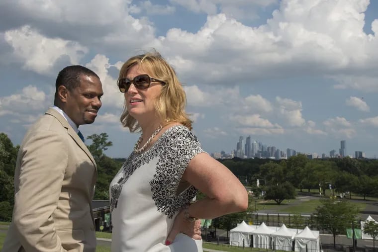 Mann CEO Catherine Cahill and Mann festival artistic director Nolan Williams Jr. at the Center, which overlooks the Philadelphia skyline. The Mann would like to turn itself into an urban Tanglewood, where programming and education are closely tied.