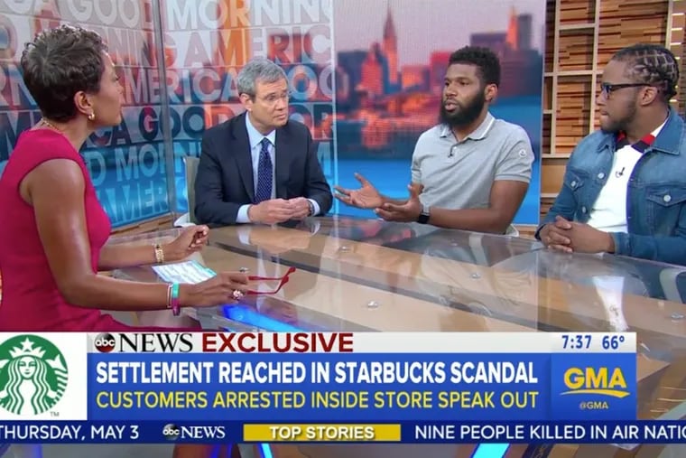 Rashon Nelson and Donte Robinson talk about agreements they have reached with Starbucks and the city on “Good Morning America” on May 3.