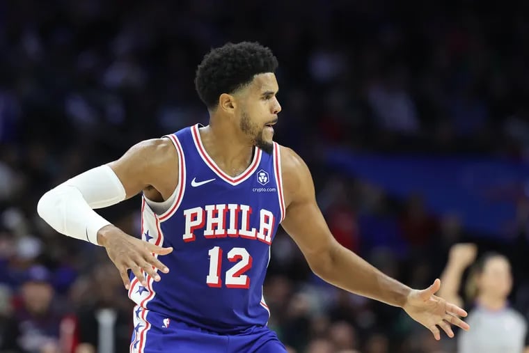 Tobias Harris of the Sixers celebrates after a made basket against  the Celtics during the second half of their game at the Wells Fargo Center on Nov. 8, 2023.