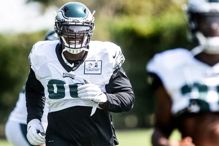 New  Eagle Akeem Spence at the  team's practice facility on Wednesday.
