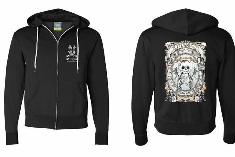 The Mutter Museum hoodie features some of the most popular artifacts from the Museum, in the style of an Alexander Mair Memento Mori. It was designed for the museum by the Philadelphia-based illustrator Nancy Hill.