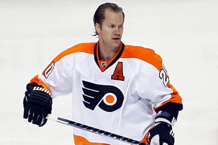 Chris Pronger sat out of Game 2 against the Bruins with an undisclosed injury.  (Yong Kim/Staff Photographer)