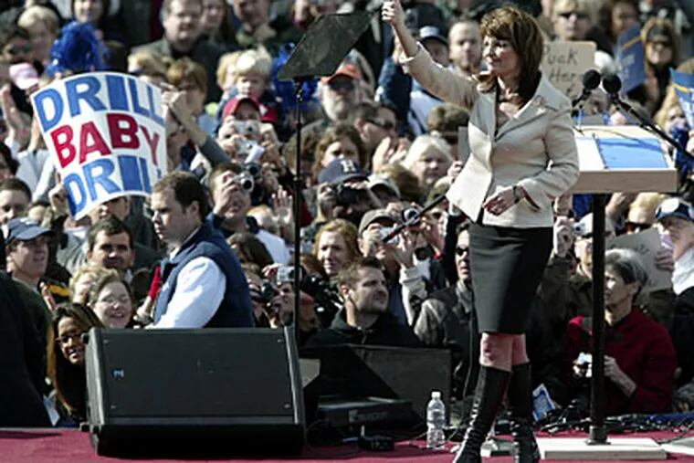 Republican vice-presidential candidate, Alaska Gov. Sarah Palin gives a thumbs-up to the crowd following her speech in Lancaster on Saturday (AP)