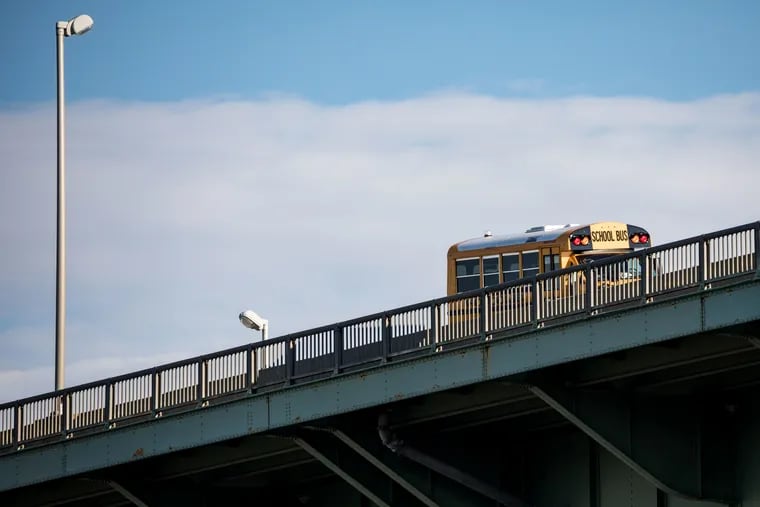The reportedly stolen school bus involved in the investigation of a police involved shooting on the Walt Whitman Bridge.