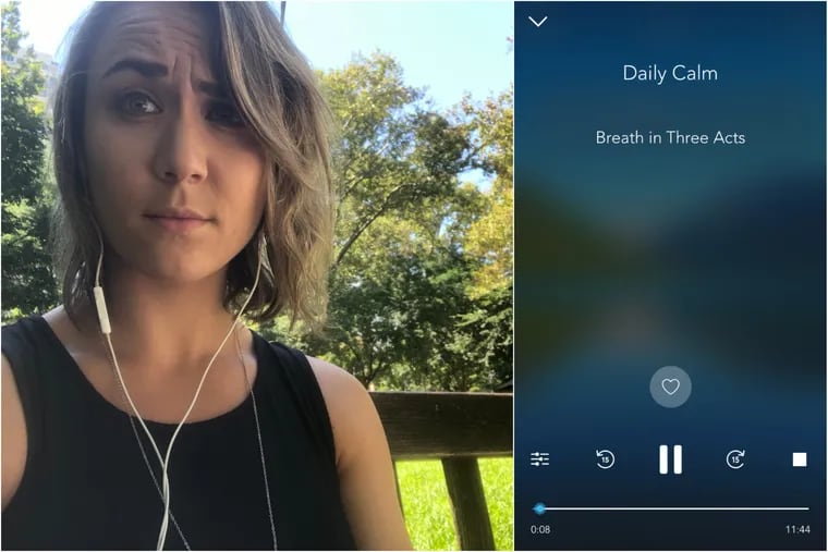 Left: Me, Reporter Anna Orso, a mindfulness skeptic sitting in a park and attempting meditation. Right: Screenshot daily meditation via the Calm app.