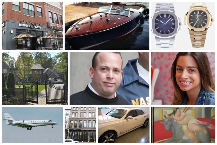 Lawyers for a court-appointed receiver have been selling assets the government has seized from Par Funding founders Joseph LaForte and his wife, Lisa McElhone (shown in middle). The items (clockwise from top left) include a building at 300 Market St. in Philadelphia bought for $4.4 million; their $333,000 yacht; two Swiss watches worth $154,000; a painting bought for $739,000; an $184,000 Bentley; a building at 135-137 N. Third St. in Philadelphia bought for $6.6 million; their $8 million jet, and their $2.4 million estate in Lower Merion.