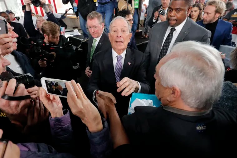 Democratic presidential candidate and former New York City Mayor Mike Bloomberg greets supporters after speaking at a campaign event in Raleigh, N.C., Thursday, Feb. 13, 2020.
