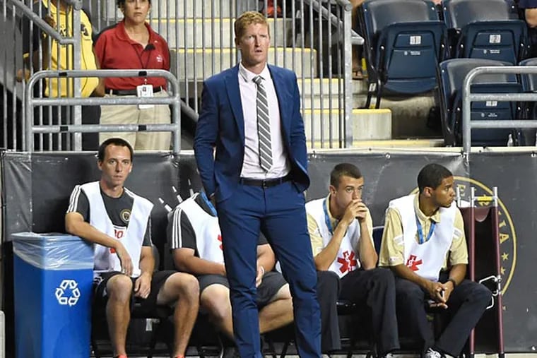 Philadelphia Union head coach Jim Curtin on the sidelines against the New York Red Bulls during the second half at PPL Park. The Red Bulls won 3-1. (Eric Hartline/USA Today)