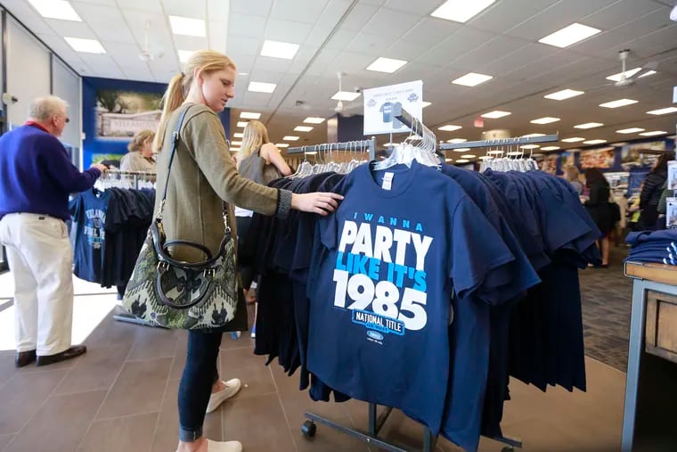 Villanova University senior Michelle Weise, 21, shops at Villanova University Shop, where sales of Wildcats gear have been brisk.