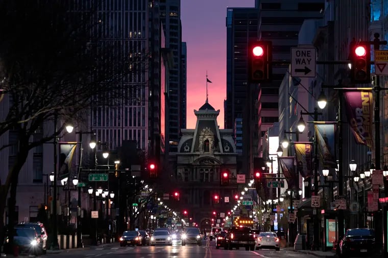 Sunset behind City Hall in Philadelphia.