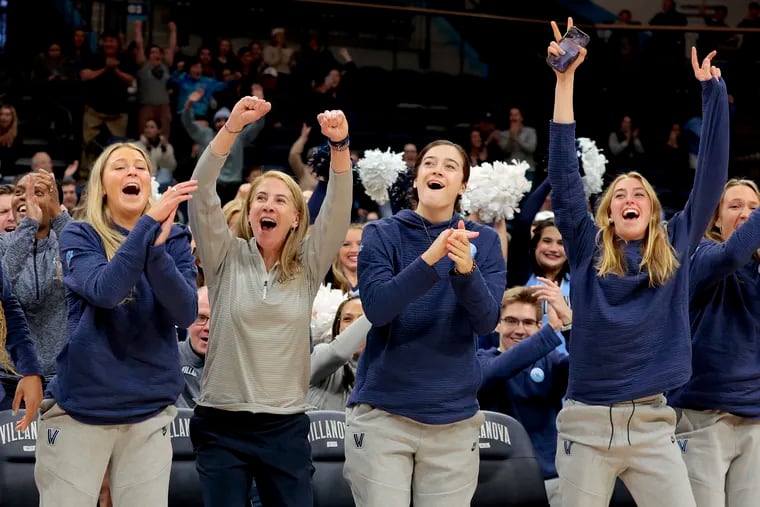 Brooke Mullin, Denise Dillon, Maddy Siegrist, Lucy Olsen and the Villanova women's basketball team celebrate as they watch the Selection Sunday show for the women's NCAA Tournament on March 12, 2023 at the Finneran Pavilion at Villanova University.