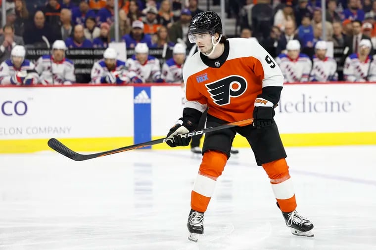 Flyers defenseman Jamie Drysdale on the ice against the New York Rangers on Saturday. He suffered an apparent shoulder injury a day later.