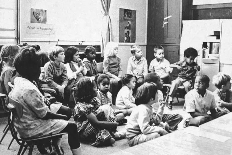 Kamala Harris in her first grade class at Thousand Oaks Elementary School. Harris is seated in the middle in the white sweater.
