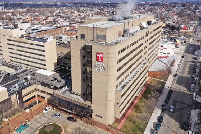 An aerial view of Temple University Hospital, which anchors the Temple University Health System that is looking for long-term solutions to its financial struggles as it plays the role of a public hospital for the most impoverished parts of Philadelphia. (DAVID SWANSON / Staff Photographer)